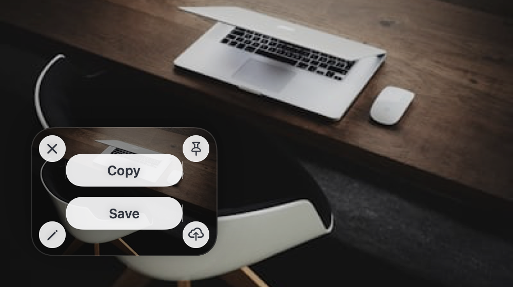 PasteNotch’s actual screenshot thumbnail on hover, with Copy, Save, pin, annotate, and Cloud controls.